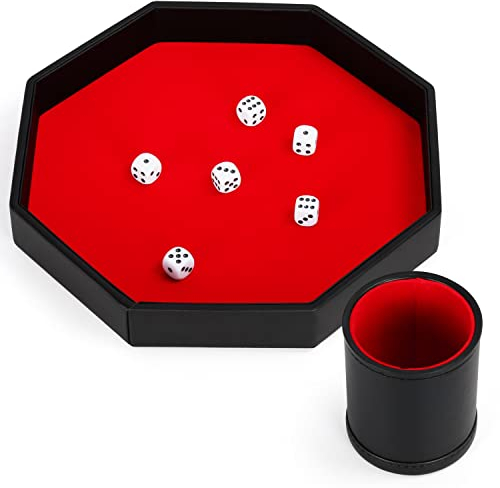 Belle Vous Ottagono Lancia Dadi Pelle Nera e Velluto Rosso Con Tazza e Dadi - Porta Dadi per Giochi da Tavolo RPG, DND o Come Vassoio Pelle Svuotatasche per Gioielli - Tavola Dadi da Gioco