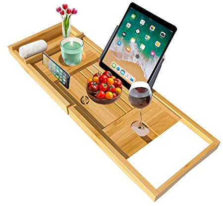 MantraRaj Bamboo Bath Caddy Bath Tray with Extending Sides Built in Book Tablet iPad Holder Cellphone Soap Tray & Wineglass Holder Bath Bridge Wood Bathtub Rack Bath Shelf Board Spa Organizer