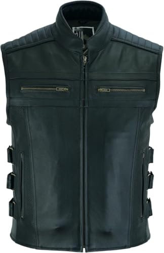 BOSmoto Herren SWAT taktisch stil oben korn motorradfahrer Leder Weste mit tief taschen und Perforation auf tasche Panels schwarz (XL)