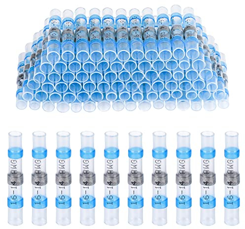 100 PCS Solder Seal Wire Connectors Heat Shrink Solder Butt Connectors Waterproof Insulated Electrical Butt Splice Wire Terminals, Blue 16-14 AWG