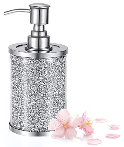 BTSKY Sparky Glass 350ml Seifenspender Flasche - zerkleinerte Diamanten nachfüllbare Spenderflasche mit Edelstahlpumpe für Handwaschmittel Geschirrspülmittel Shampoo Lotion, Silber
