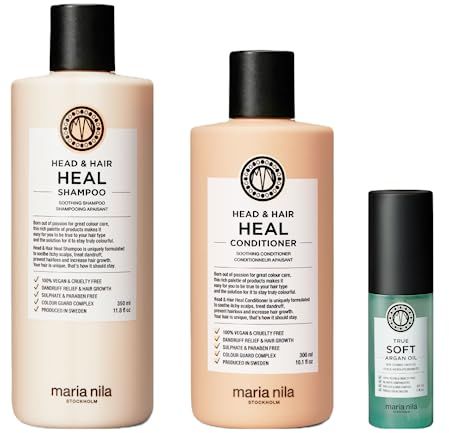 Maria Nila Head & Hair Heal Schampo, Balsam & Arganolja (350/300 / 30 ml), Förebygger mjäll/Hårbottenproblem & Stimulerar hårväxt, 100% Vegan & Sulfat/Parabenfri