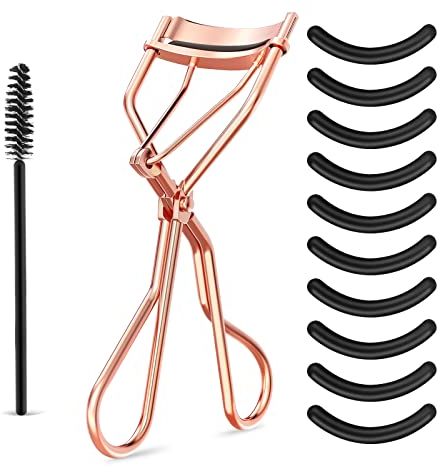 WLLHYF Kit piegaciglia Pettine per ciglia di bellezza con 10 tamponi di ricarica in silicone nero e 1 pennello per mascara Separatore di ciglia in metallo Piegaciglia universale per donne e ragazze