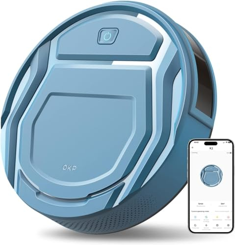 OKP Robot Aspirapolvere Potenza Aspirazione,6 Modalità di Pulizia,Aspirapolvere Silenzioso Ultrasottile,Controllo WiFi/APP,per Peli di Animali Tappeto Pavimento Duro