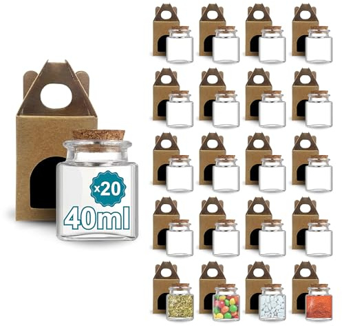 Espirito Rebelde 20 barattoli quadrati in vetro per spezie, 40 ml, con tappo in sughero + 20 scatole kraft, barattoli portaoggetti da cucina, spezie, marmellata, yogurt