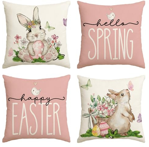 Artoid Mode Blumen Schmetterling Ostereier Kaninchen Ostern Kissenbezüge 4er Set, 45x45 cm Happy Easter Zierkissenbezug Couch Wohnzimmer Deko