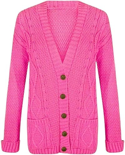 Mustwearit Women's Ladies Long Sleeve Button Top Chunky Aran Cable Knitted Grandad Cardigan Fuchsia UK Size 20/22