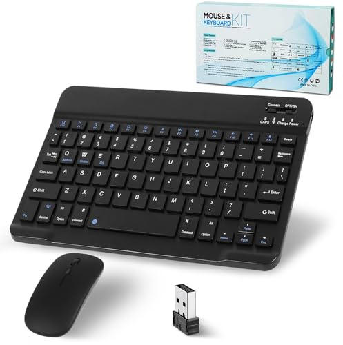 Bluetooth Keyboard, Wireless Keyboard and Mouse 2.4 USB Rechargeable Lightweight 10IN Universal Quiet Portable Mini Keyboard and Mouse set for iPad,iOS,Mac,Windows,Android Tablet Laptop Phone,Black