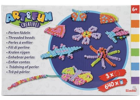 Simba Art und Fun Set Perlen fädeln, 640 Perlen, 3X Metall-Anhänger, Aufbewahrungsbox, 16m Schnur, Anleitung für 9 Figuren, ab 6 Jahren
