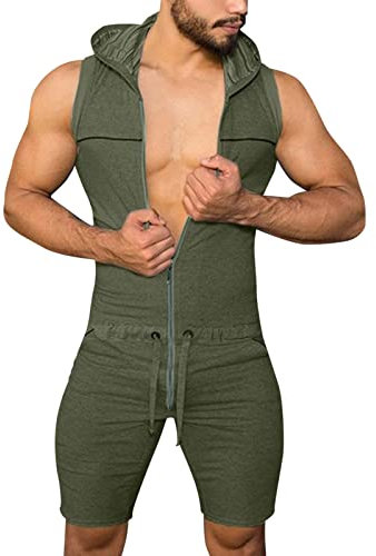 Ärmelloser Herren-Overall mit Ves: Sommer-Jumpsuit, Fitness-Sets für Herren, kurze Hose mit Kapuze, ärmelloser Strampler, Overall, lässiger Jumpsuit für Herren, Sommershorts, atmungsaktiv, grün, XXL