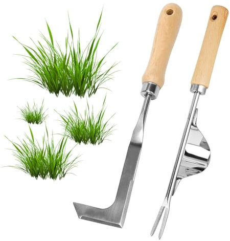 KBIBCK Fugenkratzer, 2 Stück Unkrautkratzer aus Edelstahl mit Wurzeljäter, Fugenmesser mit Stiel aus Eschenholz, Unkraut Messer zum Entfernen von Moos und Unkraut