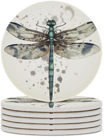 Moderne Libellen-Untersetzer, saugfähig, Keramik-Stein, Getränkeuntersetzer mit Halter, Keramik-Untersetzer mit Korkboden, 10,2 cm, Tischschutzmatte für Heimdekoration, Küche, Bar