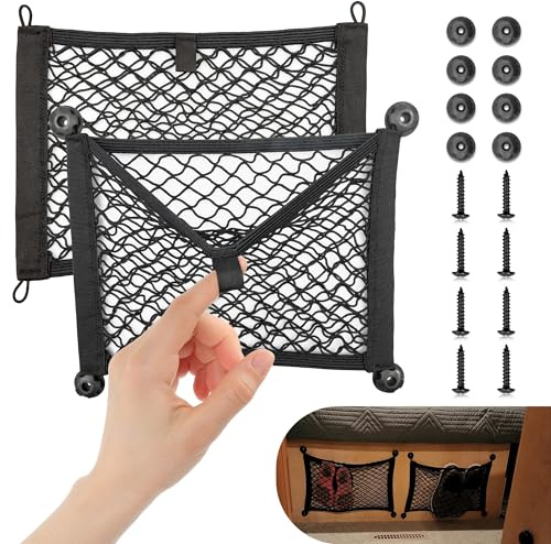 RED WOLF 2 Layer Small Mesh Cargo Net Elastic Storage Netting 2 Pcs Stretchable Car Organizer Net 14×10 Inch for Trunk RV Boats Home Auto Cargo Net Pocket with Screws and Hooks