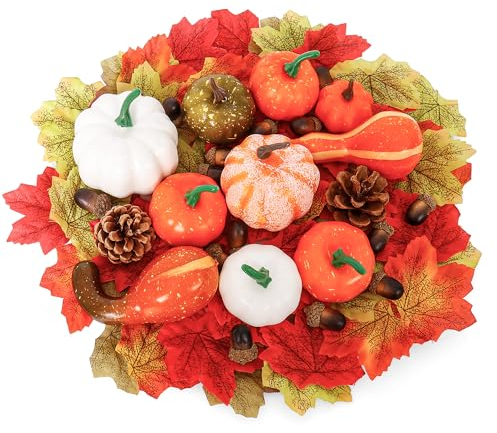 Philivivi 126 Stück Herbstdeko Set mit Künstlichen Kürbissen, Eicheln, Tannenzapfen und Ahornblättern für Herbst,Thanksgiving und Halloween Party Dekorationen