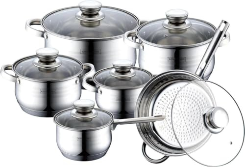 Royalty line Batterie de Cuisine en Acier Inoxydable à 5 Couches,12 pièces, Poêle à Frire, Casserole et Marmite avec Couvercle en Verre, Casseroles Adapté à la Tous Feux Dont Induction (Argent) (12)