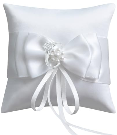 HANIUTTY Ringkissen Hochzeit, Ringhalter Hochzeit Weiß Brautkissen Träger Ringschachtel Ringkästchen Ringschatulle Ringkissen Hochzeit Standesamt für Verlobung Oder Eheringe Vintage(10 x10 cm)