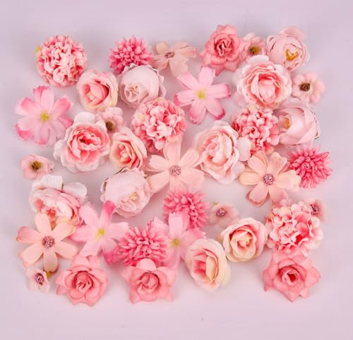 Flouricelline 40 Stück Kunstblumen Köpfe, Mini künstliche Blume groß Seidenblumen Dekoration Set für DIY Basteln Scrapbooking Party Home Handwerk Deko,Tortendeko Hochzeitsdeko(Rosa)