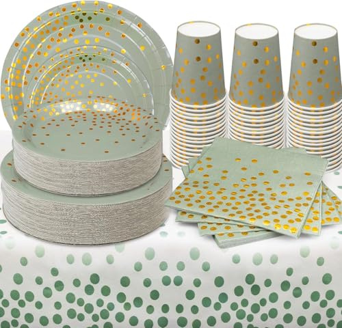 Green and Gold Party Tableware, 201 Pieces Golden Dot Partys Dinnerware Set Includes Paper Plates, Napkins, Cups and Tablecloth, for Graduation Wedding Birthday Party, Serves 50
