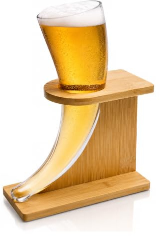 Chabrias Ltd Beer Horn Glass 17oz/480ml with Stand – Norse Drinking Vessel – Novelty Horn Cup – Unique Gift for Men – Viking Style Beer Mug – Authentic Drinking Horn