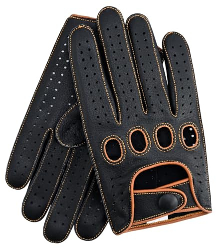 Riparo Herren-Fahrhandschuhe aus Leder mit umgekehrter Naht, Touchscreen (Schwarz/Cognac-Faden, Größe L)
