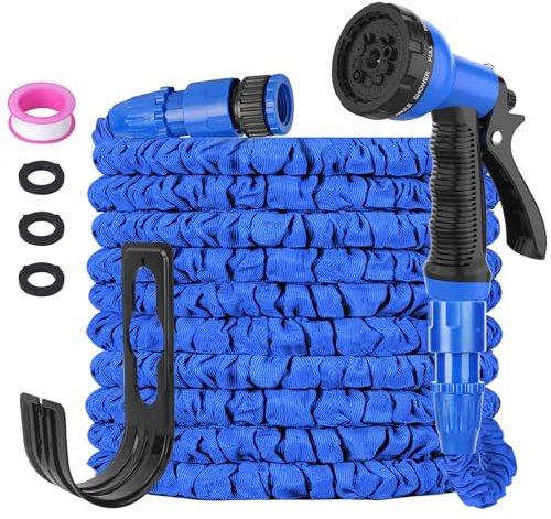 Expandable Garden Hose 50FT Flexible Garden Hose Pipe with 3/4, 1/2 Fittings, Lightweight & No-Kink 3 Times Extendable Hose Pipe with 8 Function Spray Gun, Anti-Leakage Easy to Use