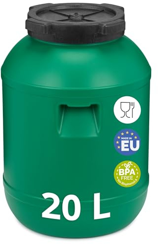 Garronda Fût Plastique Alimentaire 20L sans BPA Récupérateur d'eau GD-0142 | Bidon Alimentaire avec Couvercle, Large Ouverture, Grand Réservoir Eau, pour Choucroute, Croquettes, Fermentation et Stockage