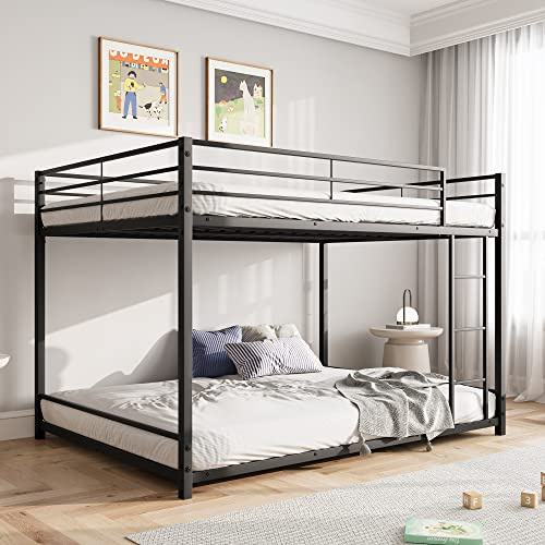 FOUBAM 4FT6 Double Bunk Beds, Full Over Full Loft Bed Frame Metal Heavy Duty Full Size Bunk Beds for Kids, Double Bed Frame for Boys And Girls,Loft Bed With Ladder and Guardrail (Black)