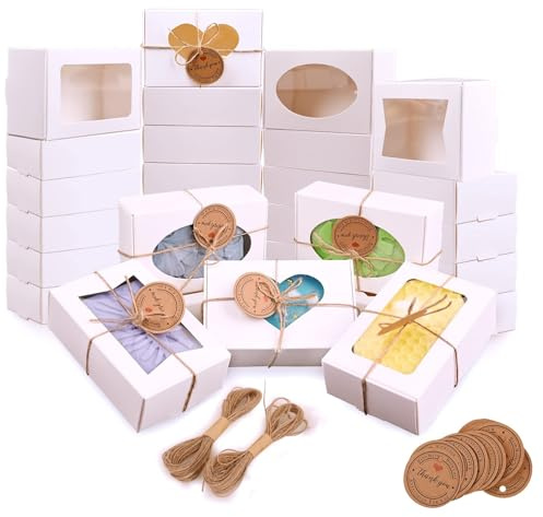Pack 24 Weiß klein Geschenkbox with Viewing Window, 9 x 6 x 3 cm, ,for Biscuits, Chocolates, Pastries, Sweets Schmuck Geschenkverpackung, für Hochzeit Geburtstag Weihnachten Packaging Gift Boxes