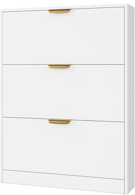 VOWNER Schuhschrank mit 3 Klappen Weiß 80x24x107cm | Schuhkipper Schmal, mit 6 Fächern & Verstellbarer Ablage für Flur