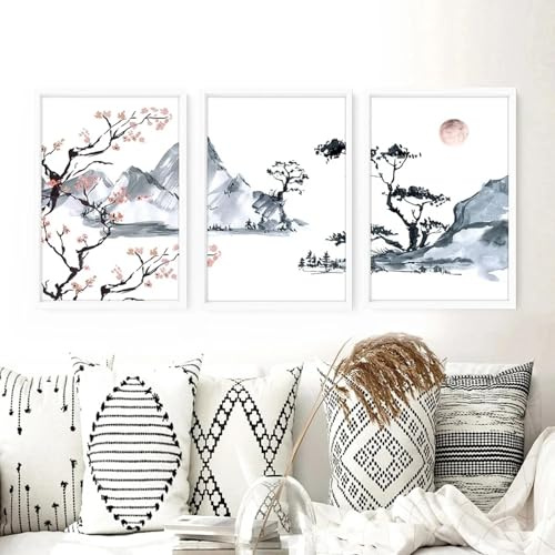 BMGKYAGL Póster de árbol de cerezo en flor, arte de pared moderno y sencillo, lienzo, decoración para sala de estar, 50 x 75 cm x 3 marcos