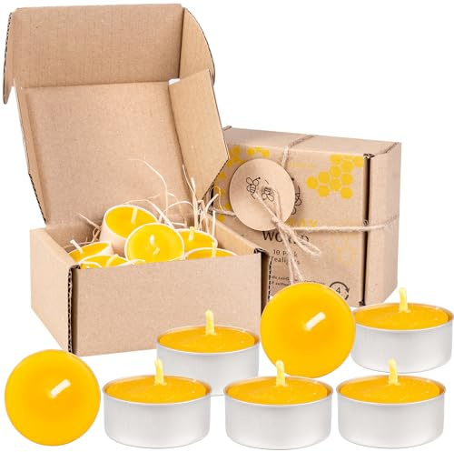 BeesWax World 100% Bienenwachskerzen – Bienenwachs Teelichter mit Baumwolldochten – 4 Stunden Brennzeit –10-50-teiliges Kerzenset – Bienenwachs-Kerzen mit Recyceltem Kunststoff
