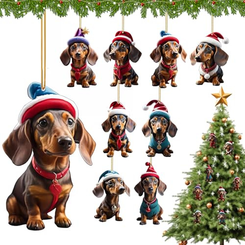 8 Stück Dackel Weihnachtsbaumschmuck, Dachshund Tannenbaumschmuck, 2D Weihnachten Dackel Deko, Christbaumschmuck Dackel Weihnachtsanhänger, Dackel Weihnachtsdeko für Hause, Auto