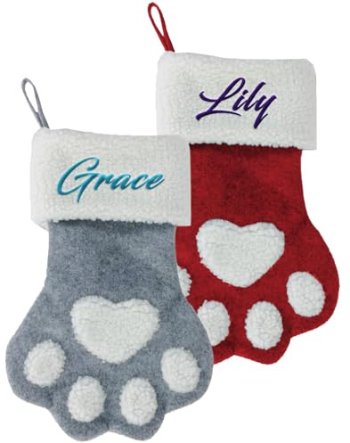 Rainsar Calcetin Navidad Personalizado de Perro Gato, Bordado con el Nombre de la Mascota, Gran Tamaño Calcetines Chimenea Navidad, como Decoraciones de Fiesta, Regalos Navideños, Rojo