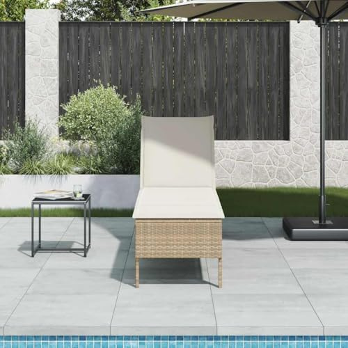 HaoChrymec Sonnenliege mit Auflage Beige, PE-Rattan, 4-Fach verstellbare Rückenlehne, Bequemes Sitzkissen, Strand Liege, Camping Liegestuhl, Strandliege mit Rückenlehne, 55x200x44 cm