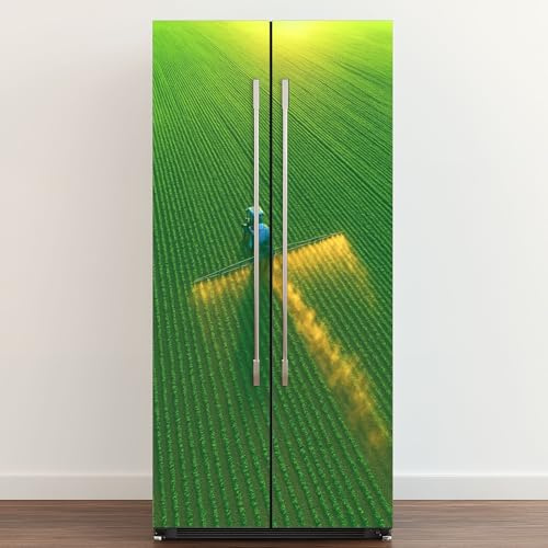 Self Adhesive Vinyl Refrigerator Wrap Tractor Spray Fertilizer Green Field Door Mural Sticker Peel and Stick Removable Door Cover Fridge Wrap Decal for Kitchen Decor