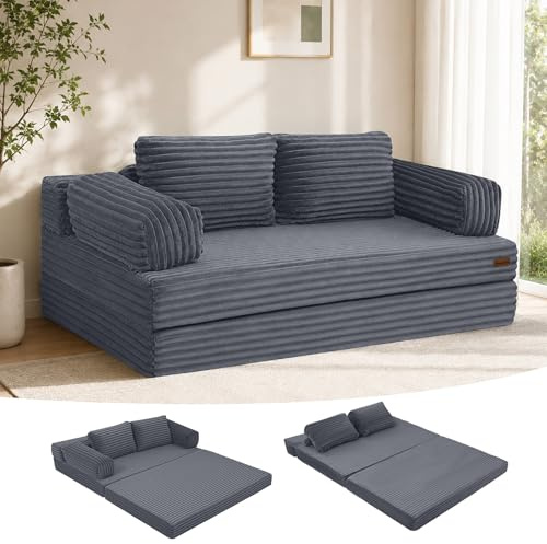 MeMoreCool Schlafsofa Cord, Klappbares Bequemes Bodensofa mit schlaffunktion, Boneless Couch mit Kissen für Schlafzimmer, Wohnzimmer und kleine Räume, 3-in-1 Compressed Sofa Bed,Grau