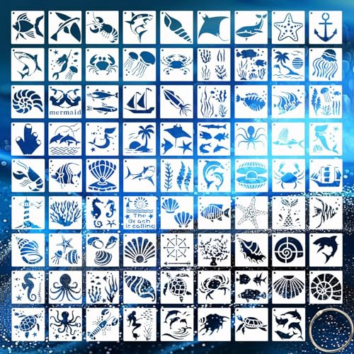 ZXBBTZ 80 Pz Stencil per Pittura Oceano Tema Stencil per Pittura Modello per Pittura Stencil per Disegno di Marini Riutilizzabili Stencil Decorativi Plastica per Pareti Legno Scrapbooking, 7,6x7,6cm