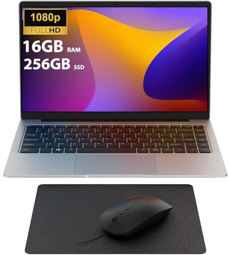 Laptop 14 Zoll FHD Display, 16GB RAM, 256GB SSD TF Erweiterung, Celeron N4120 bis zu 2,6GHz, 5G WiFi, 1920x1080 FHD, inkl. Maus & Mauspad – Win 11 Tragbarer Laptop für Homeoffice, Studium, Streaming