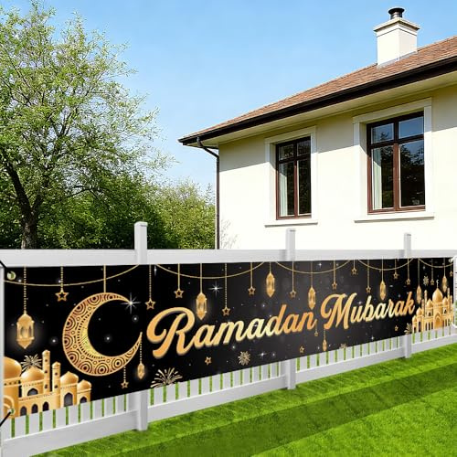 Ramadan Mubarak Banner, Umrah Mubarak Deko Glitzerbanner, Ramadan Girlande für Islamische Muslimische Festival Party Dekoration, 300 * 50cm (Schwarz)