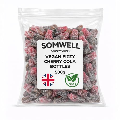 Somwell - Vegan Fizzy Cherry Cola 500g - Classic Traditional British Sweets - Chewy Cherry Flavour - Jelly Gummy Retro Candy, Halal Sweets for Assorted Pick & Mix and Parties - Vegan Friendly