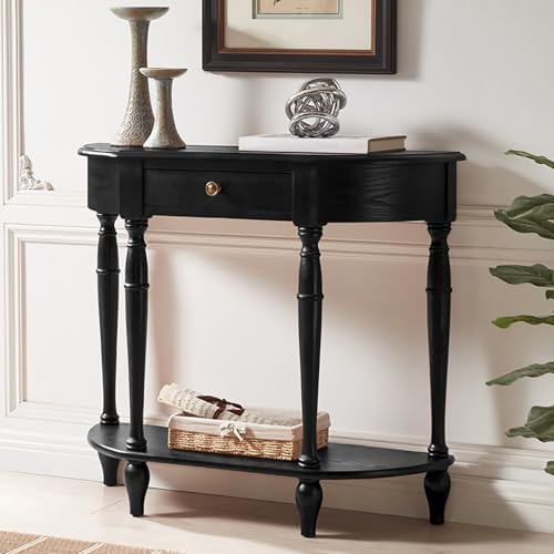 YCYHXJB Tavolo Consolle in Legno Massello, Tavolino da Divano con Cassetto e Ripiano Aperto, Consolle Ingresso a Mezzaluna per Soggiorno, Corridoio e Ingresso(Black,80 * 30 * 80cm/31.5 * 12 * 31.5in)
