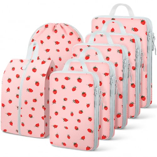 Compression Packing Cubes for Travel, Travel Essentials Luggage Organizer bags for Suitcase, Durable Compression Travel Packing Cubes for Carry on Backpack(Pink strawberry, 7pcs)