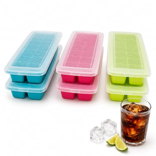 Ys Family Pack 6 Cubiteras con Tapa para Congelador, Moldes de Hielo de Plástico Reutilizable 72 Cubitos, Apilables, Hielo Limpio, Ideal para Refrescos, Cócteles y Bebidas Frías, 6 Unidades