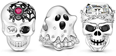 GNOCE [3 Packs Schädel Geist Charm Anhänger 925 Sterling Silber Perlen Charms für Armbänder Halsketten Halloween