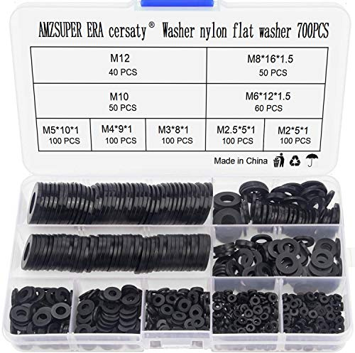 700 Stücke Unterlegscheiben Nylon Flache Beilagscheiben Sortiment 9 Größen(M2 M2.5 M3 M4 M5 M6 M8 M10 M12) lsolierscheibenFür Mechanische Industrie Befestigungen, Schwarz
