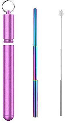Faltbarer Trinkhalm, zusammenklappbar, wiederverwendbar, Edelstahl, tragbar, mit Aluminiumgehäuse (Violet2)