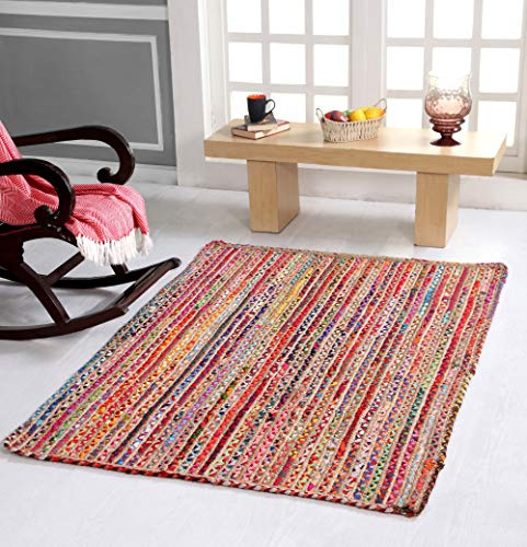 Mishran - Alfombra trenzada ecológica (tamaño grande, tejido plano, yute natural y material reciclado multicolor, 120 x 180 cm)