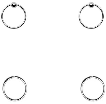 Tienda 4 aros nariz finos, plata de ley 925, 7mm diámetro interior, 0,6mm grosor, 2 aros lisos sin cierre mas 2 aros con bola de cierre.