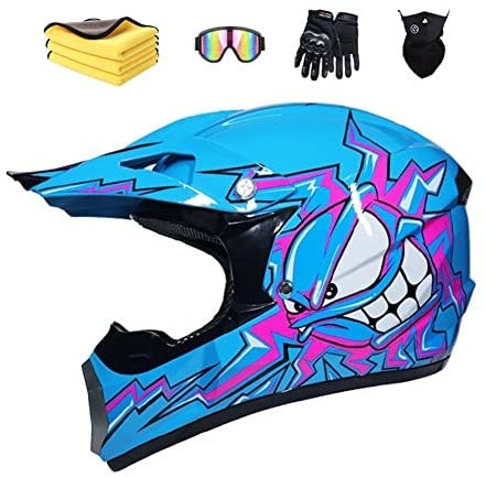 LVSENET Casque De Motocross Convient Enfants Casque De Cross Pour EnfantCasque Downhill Pour Enfants Casque Intégral Moto Cross VTT Avec Lunettes Gants (Bleu,S(52-56cm))
