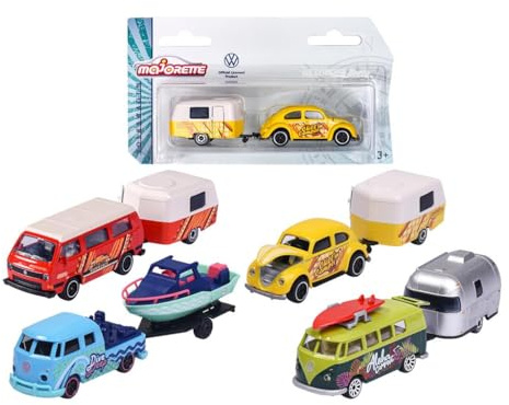 Majorette 212055007 - Volkswagen Originals Bilar med Släpvagn - Metall med Frihjul, 7,5 cm, Från 3 år, Slumpmässigt Urval